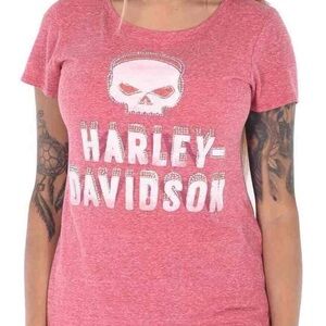 Harley Davidson Heather Red Rhinestone Bling Skull  Women’s T-Shirt Size XL NWT